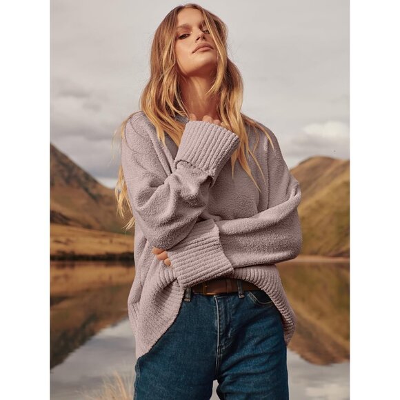 Women's Oversized Sweater Fuzzy Gray Purple Long Sleeve Casual Chunky Pullover - Picture 4 of 9